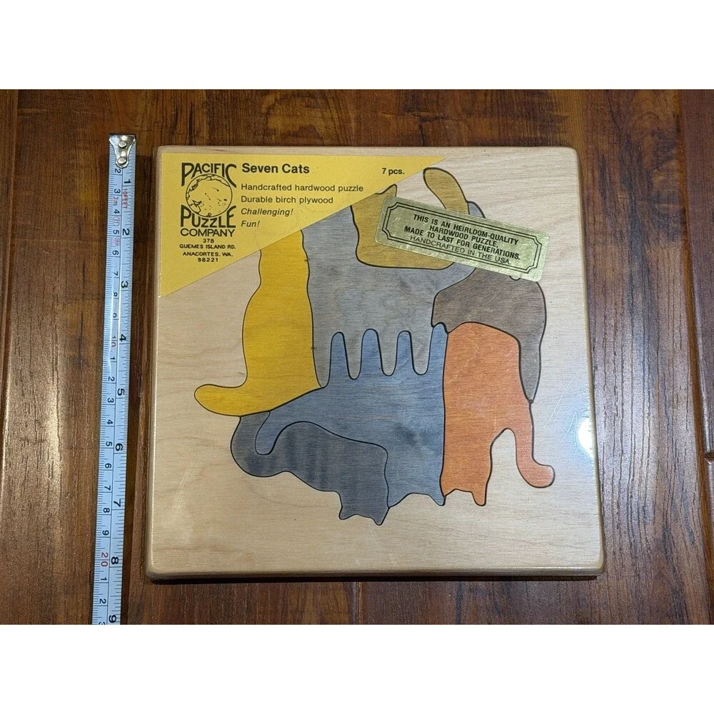 Vintage Pacific Puzzle Company Handcrafted Wood Made In USA Seven Cats Puzzle